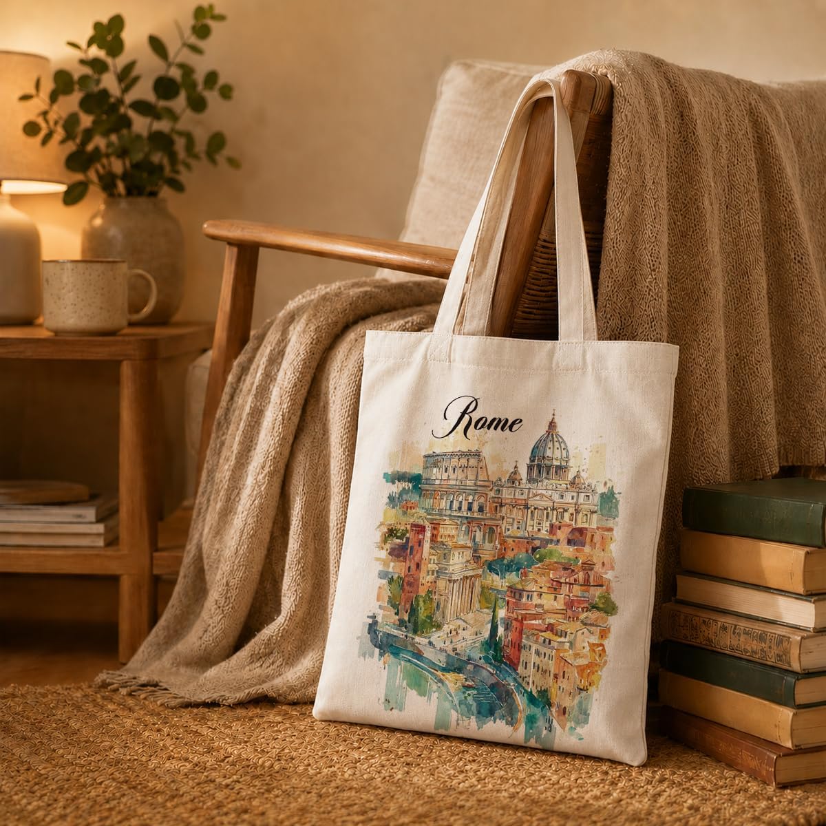 Travel Accessories Italy - กระเป๋าผ้าแคนวาสลายสีน้ำโรม ภาพพิมพ์ทิวทัศน์เมืองอิตาลี กระเป๋าสะพายช้อปปิ้งแบบใช้ซ้ำได้ เป็นมิตรกับสิ่งแวดล้อม ของขวัญสำหรับการเดินทาง