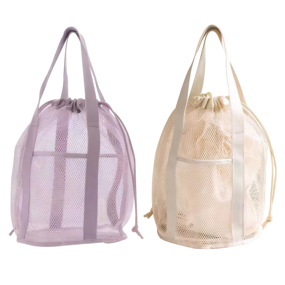 Travel Accessories Bag - กระเป๋าใส่อุปกรณ์อาบน้ำแบบตาข่าย พับได้ น้ำหนักเบาพิเศษ กระเป๋าถือแบบมีเชือกรูด กระเป๋าชายหาด กระเป๋าใส่อุปกรณ์อาบน้ำสำหรับของเล่น