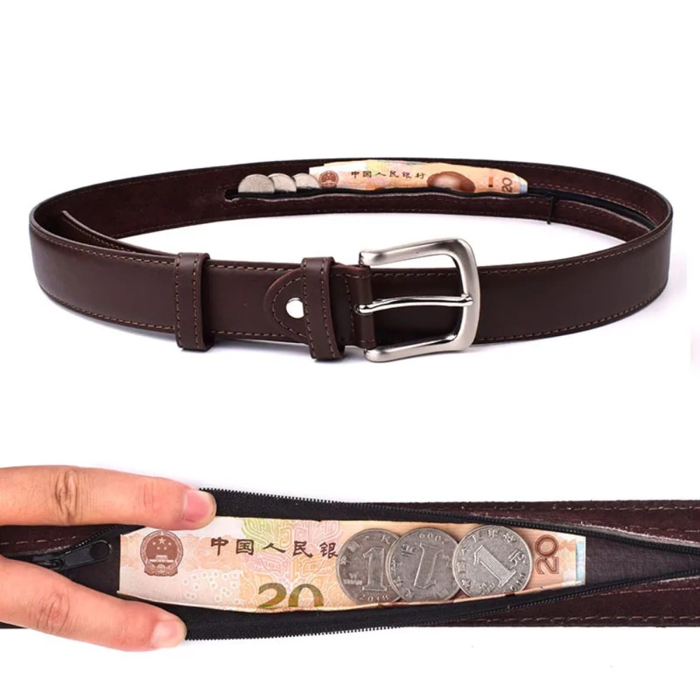 Money Belt Hidden - เข็มขัดซิปนิรภัยซ่อนเงิน หนัง PU ป้องกันการโจรกรรม สายรัดเข็มขัดแบบซ่อน กระเป๋าคาดเอวใส่เงิน