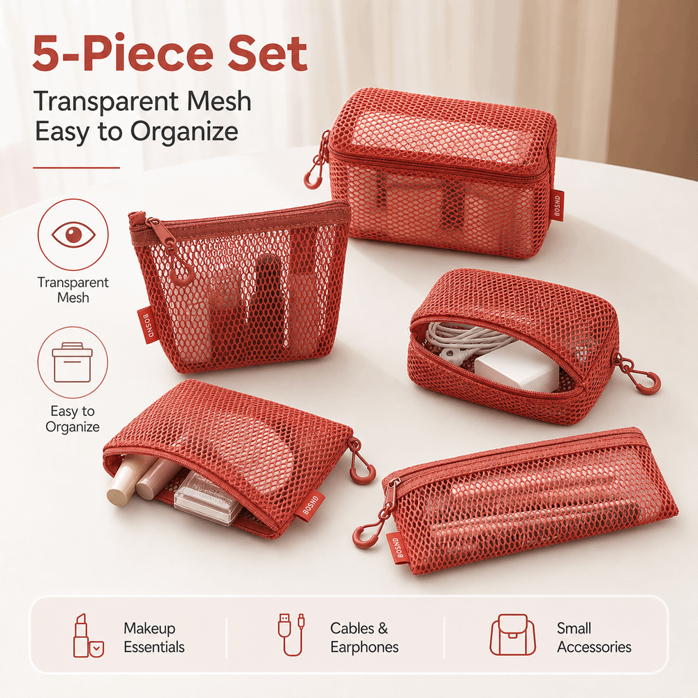 Travel Accessories Online - ถุงเก็บของไนลอนโปร่งใส ถุงตาข่ายสี่เหลี่ยมระบายอากาศ น้ำหนักเบา มองเห็นได้ชัดเจน สำหรับจัดเก็บสายข้อมูลและของใช้เดินทาง
